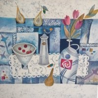 «Две груши», шелк, батик, 90х90, 2018г.