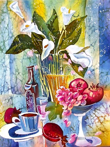 «Цветы и фрукты», шелк, батик, 60х45, 2003г.