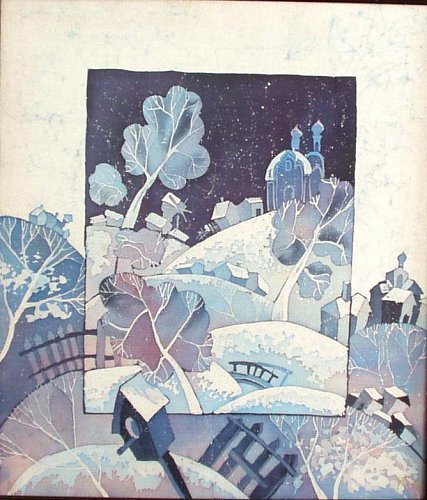 «Зимняя фантазия», шелк, батик, 62х54, 1999г.