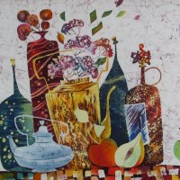 «Натюрморт с чайниками», шелк, батик, 60х75, 2010г.