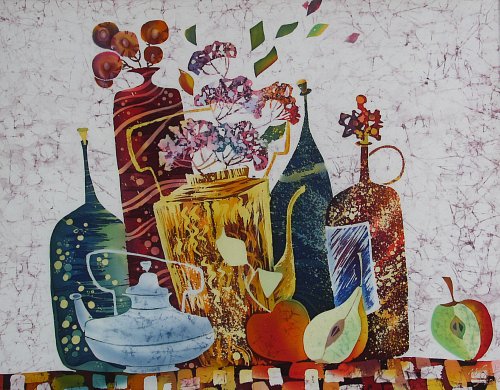 «Натюрморт с чайниками», шелк, батик, 60х75, 2010г.