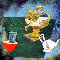 «Натюрморт с самоваром», медь, горячая эмаль, 20х20, 2006г.