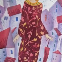Серия «Городские модницы» «Красное платье», шелк, батик, 90х45, 2022г.