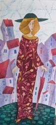 Серия «Городские модницы» «Красное платье», шелк, батик, 90х45, 2022г.