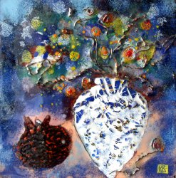 «Букет и гранат», медь, горячая эмаль, 25х25, 2005г.