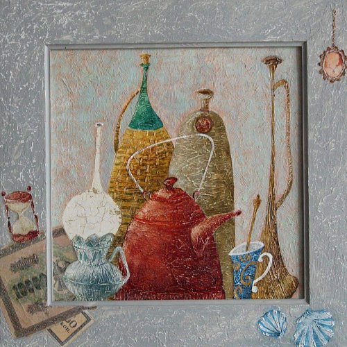 «Натюрморт с лампой», оргалит, дерево, акрил, масло, 50х50, 2018г.