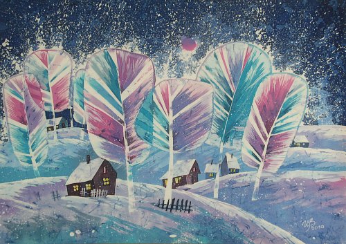 «Заснежило», шелк, батик, 65х90, 2010г.