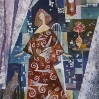 «Девушка с кошкой», шелк, батик, 60х50, 2010г.