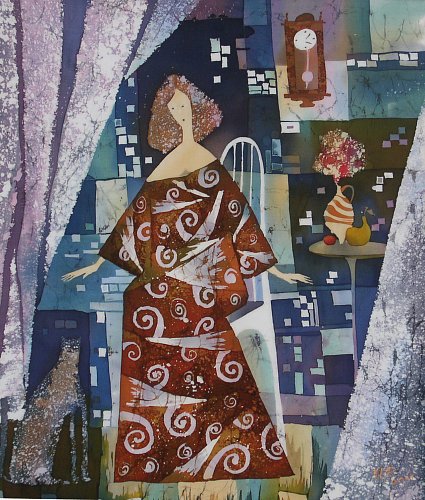 «Девушка с кошкой», шелк, батик, 60х50, 2010г.
