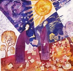 «Философы», шелк, батик, 83х83, 2000г.