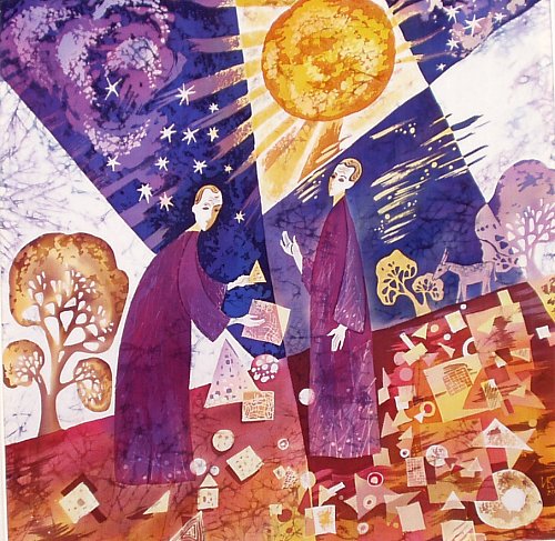 «Философы», шелк, батик, 83х83, 2000г.
