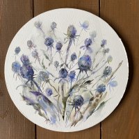 «Серия луговое разнотравье синеголовник», бумага, акварель, диаметр 21см, 2024г.