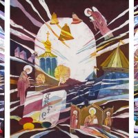 «Истоки триптих», шелк, батик, 80х35, 80х70, 80х35, 2011г.
