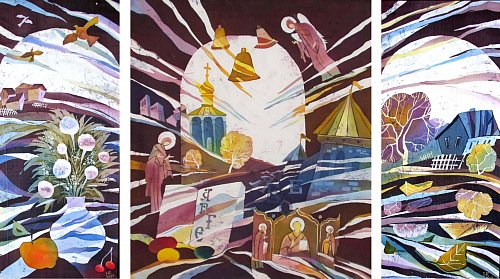 «Истоки триптих», шелк, батик, 80х35, 80х70, 80х35, 2011г.