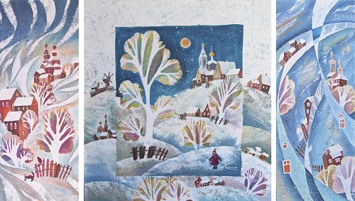 «Серебряная зима» триптих, шелк, батик, 80х35, 80х70, 80х35, 2010г.